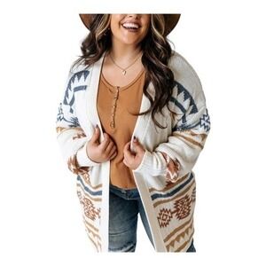 Womens Western Aztec Sweater Oversized Cardigan Chunky Knit Open Front S/M